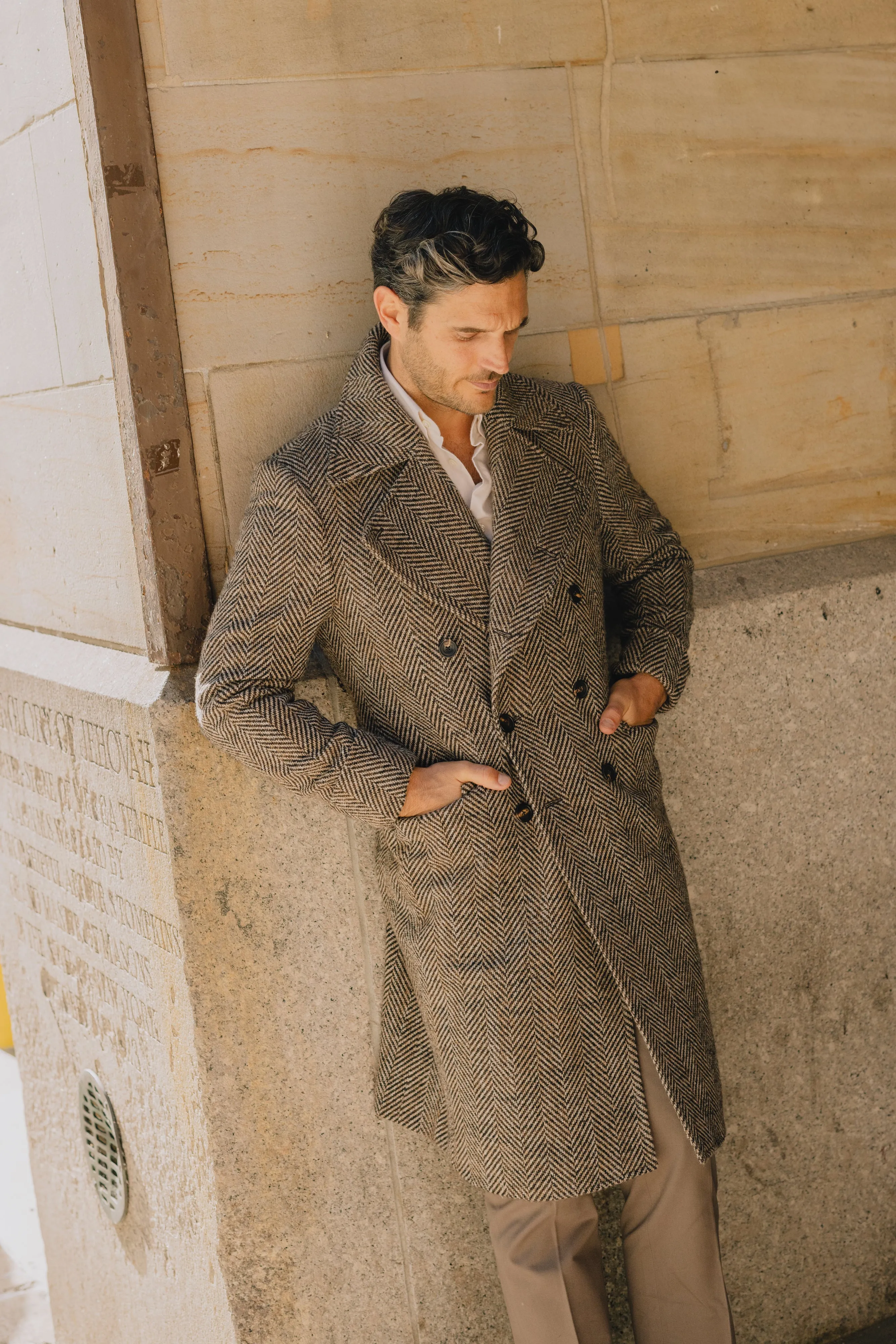 Greatcoat in Brown Herringbone Wool