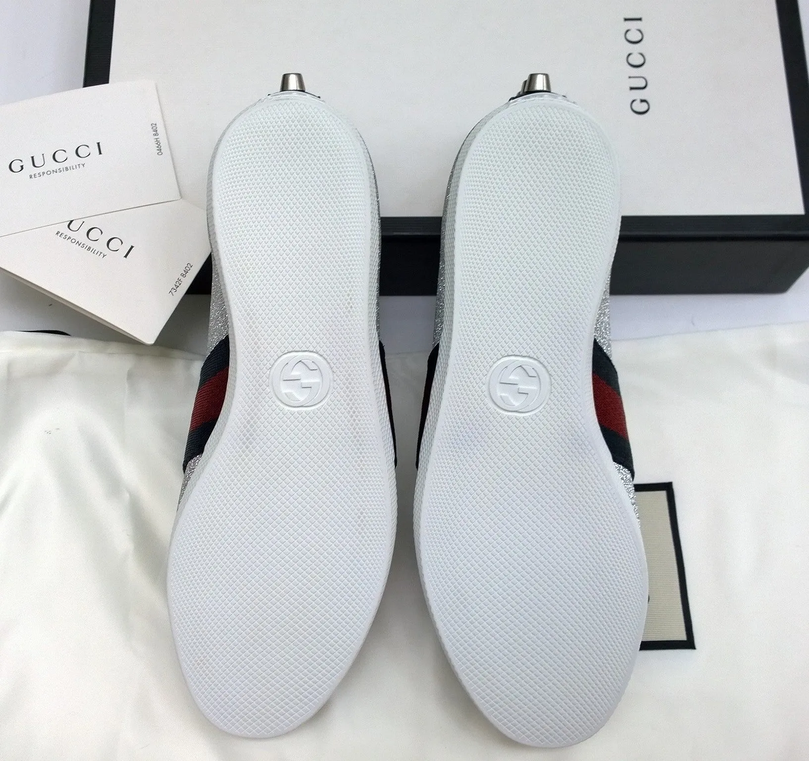 Gucci Bambi GG Silver Glitter Sneakers with Silver Studs, Grosgrain and Tiger Detail