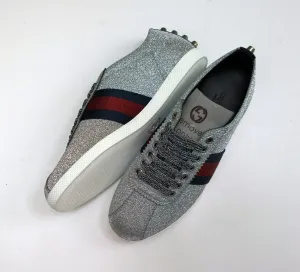 Gucci Bambi GG Silver Glitter Sneakers with Silver Studs, Grosgrain and Tiger Detail