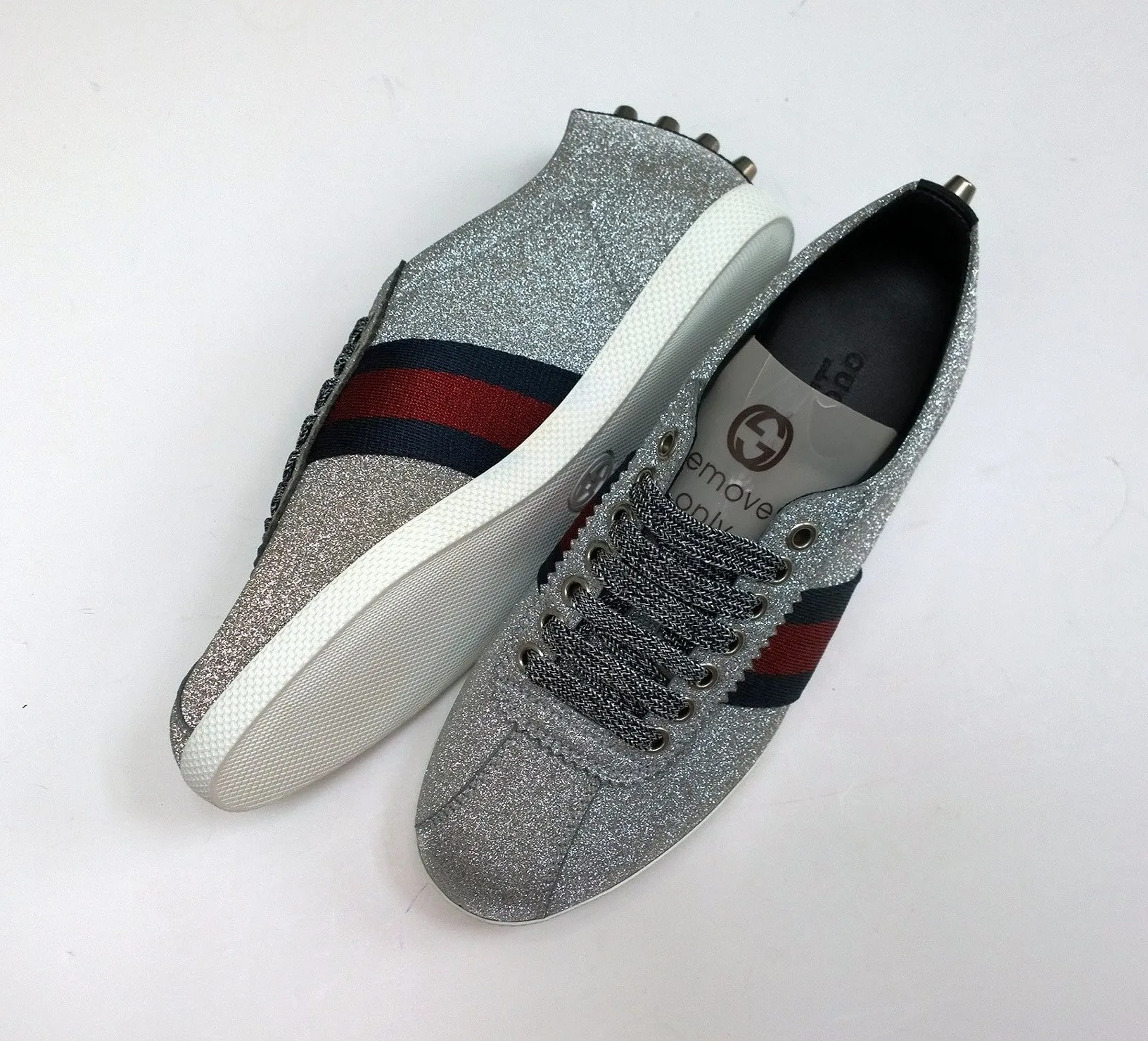 Gucci Bambi GG Silver Glitter Sneakers with Silver Studs, Grosgrain and Tiger Detail