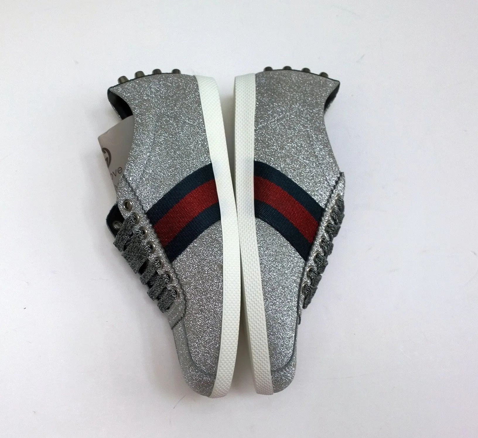 Gucci Bambi GG Silver Glitter Sneakers with Silver Studs, Grosgrain and Tiger Detail