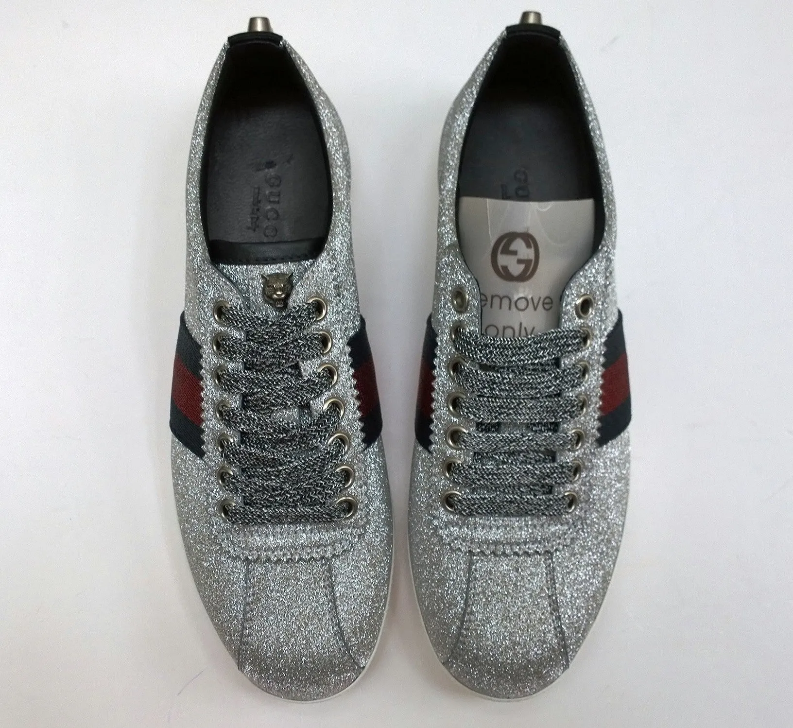 Gucci Bambi GG Silver Glitter Sneakers with Silver Studs, Grosgrain and Tiger Detail