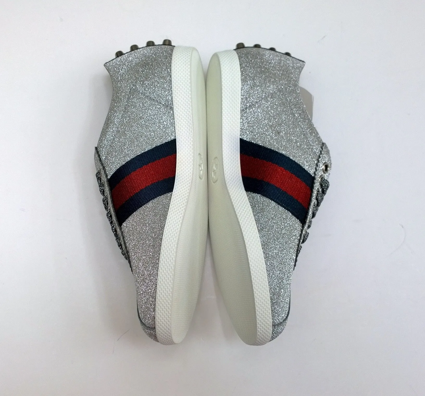 Gucci Bambi GG Silver Glitter Sneakers with Silver Studs, Grosgrain and Tiger Detail