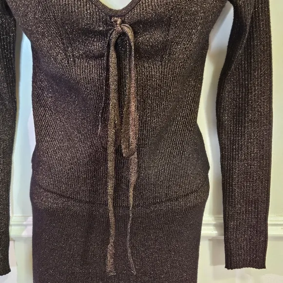 House of Harlow 1960 Dark MetallicBrown Ribbed Long Sleeve 2-Piece Dress,Medium