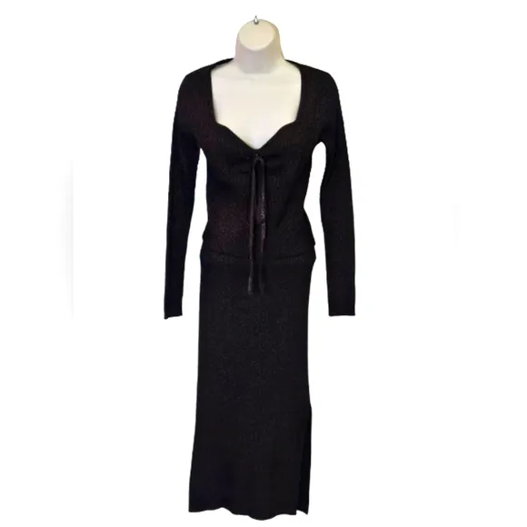 House of Harlow 1960 Dark MetallicBrown Ribbed Long Sleeve 2-Piece Dress,Medium