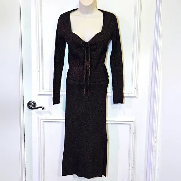 House of Harlow 1960 Dark MetallicBrown Ribbed Long Sleeve 2-Piece Dress,Medium
