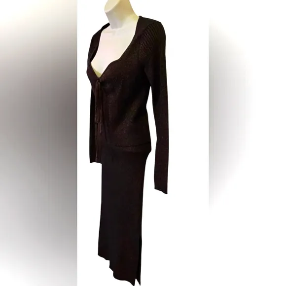 House of Harlow 1960 Dark MetallicBrown Ribbed Long Sleeve 2-Piece Dress,Medium
