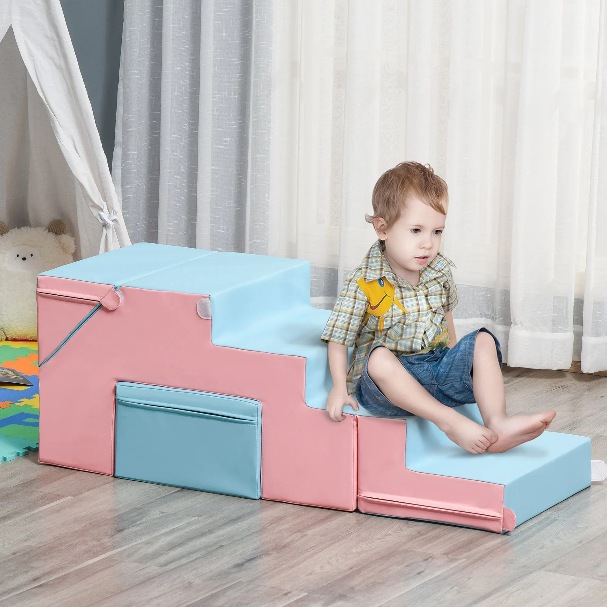 Indoor Soft Play Equipment | Montessori  Foam Play Set | Soft Pink & Blue | 1-3 years
