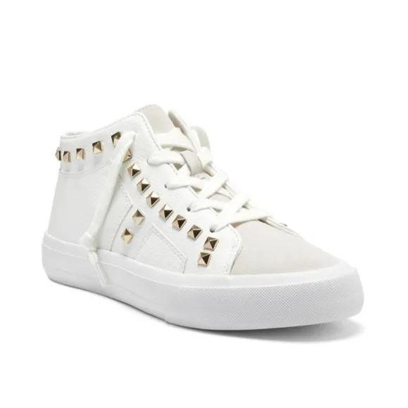 Jessica Simpson White Faux Leather Studded Folliah Sneaker, Size 6
