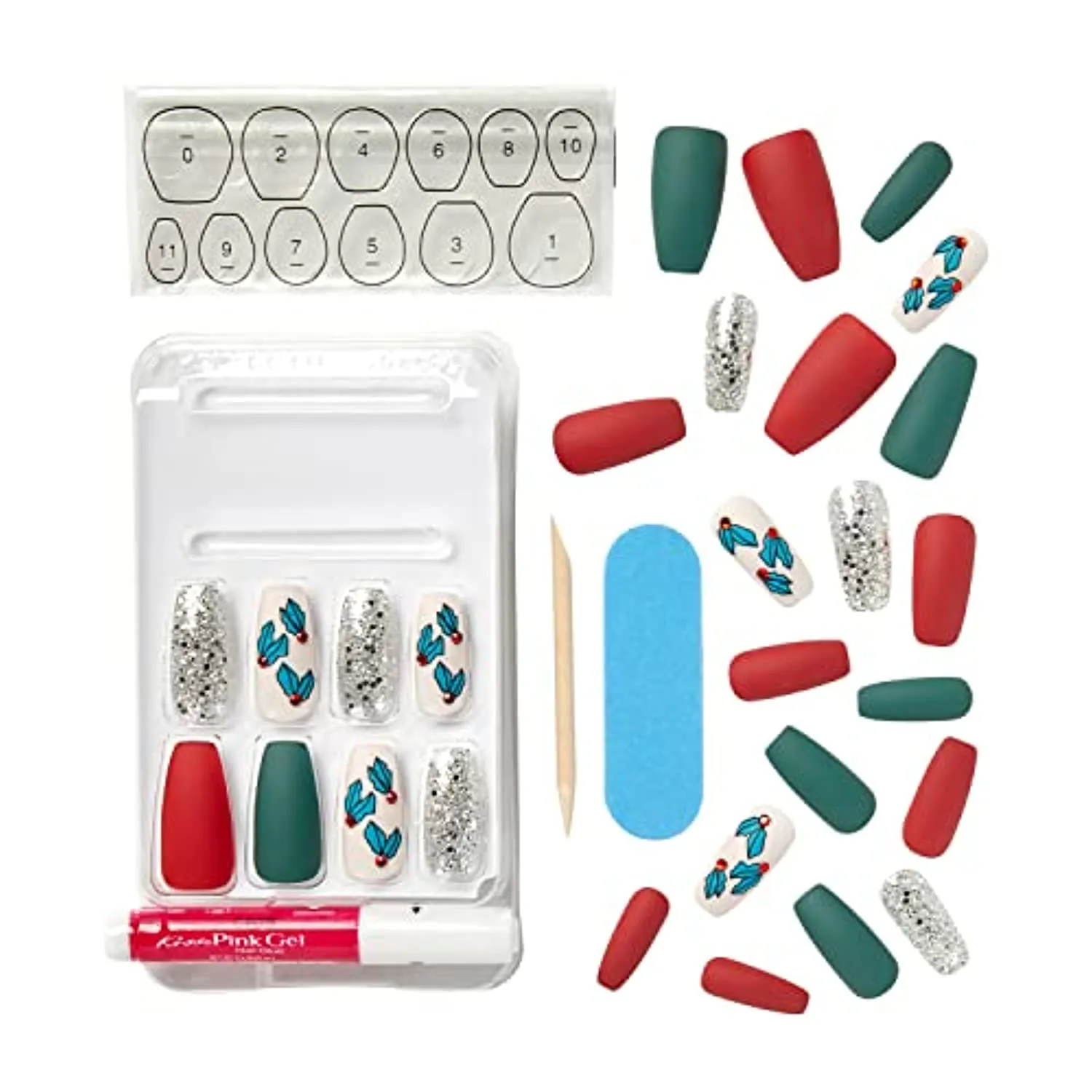 KISS Special Design Limited Edition Holiday Fake Nails, Style ‘Snow Balls’, Multi-Colored Long Coffin, with 24 Adhesive Tabs, Nail Glue, Mini File, Manicure Stick & 28 False Nails