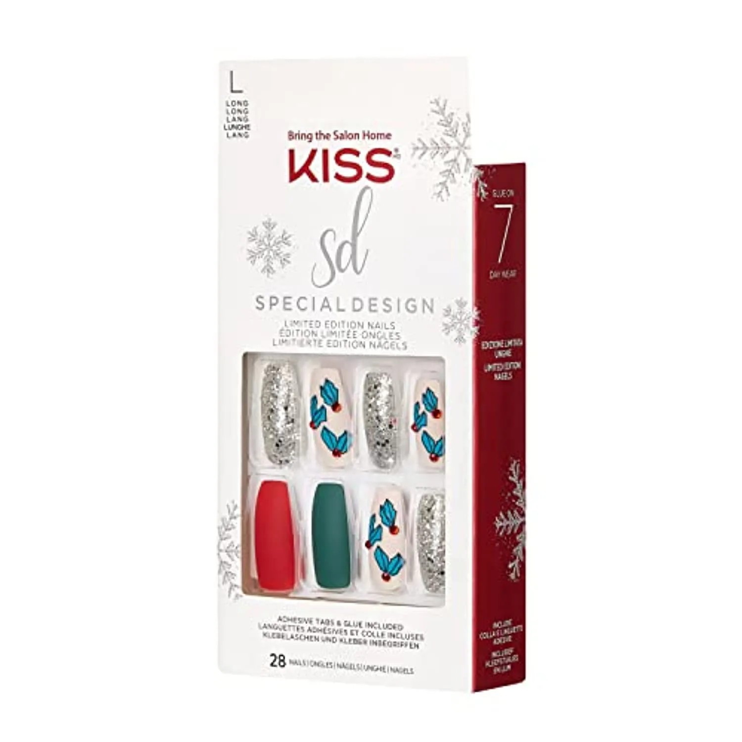 KISS Special Design Limited Edition Holiday Fake Nails, Style ‘Snow Balls’, Multi-Colored Long Coffin, with 24 Adhesive Tabs, Nail Glue, Mini File, Manicure Stick & 28 False Nails