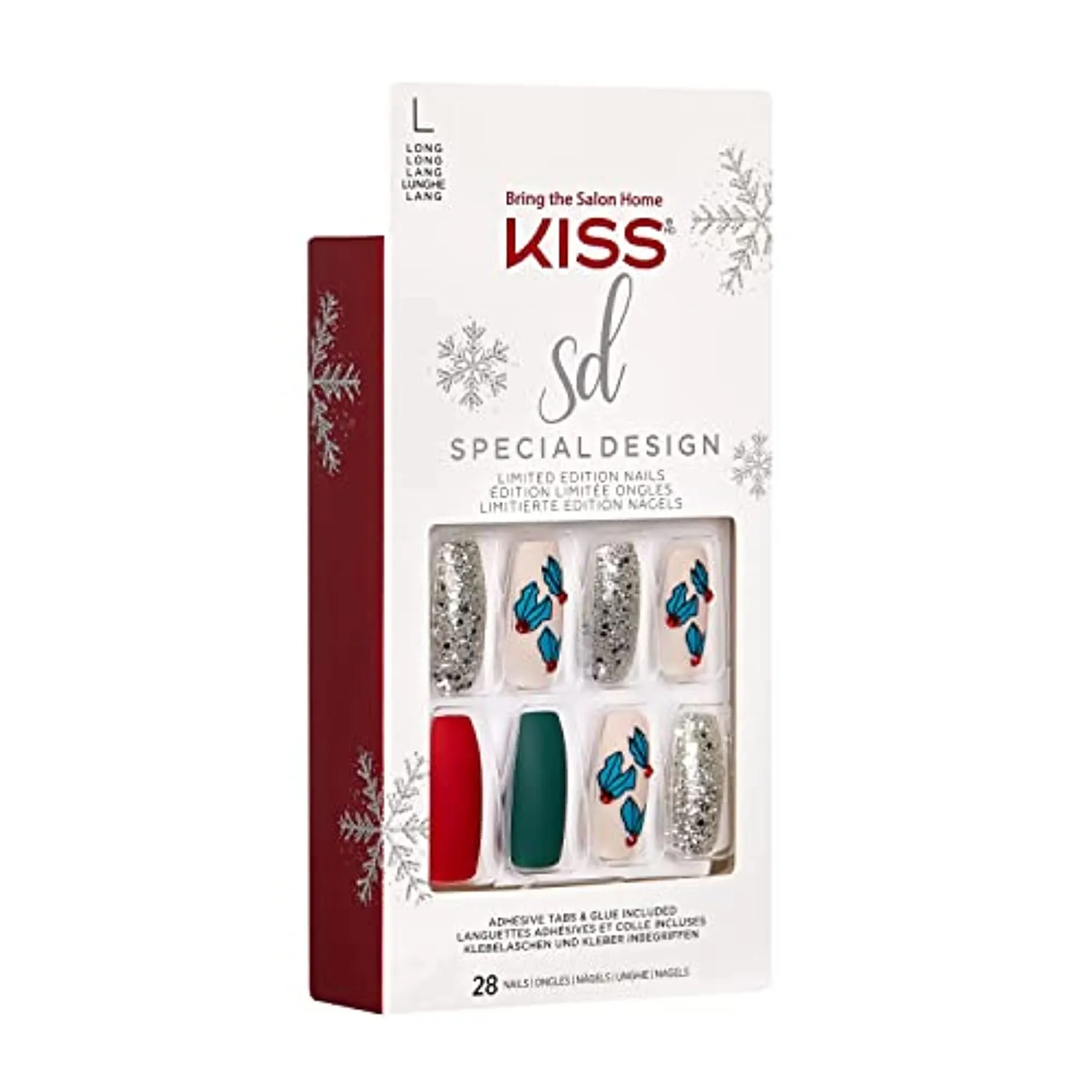 KISS Special Design Limited Edition Holiday Fake Nails, Style ‘Snow Balls’, Multi-Colored Long Coffin, with 24 Adhesive Tabs, Nail Glue, Mini File, Manicure Stick & 28 False Nails
