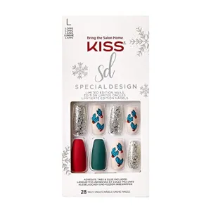 KISS Special Design Limited Edition Holiday Fake Nails, Style ‘Snow Balls’, Multi-Colored Long Coffin, with 24 Adhesive Tabs, Nail Glue, Mini File, Manicure Stick & 28 False Nails