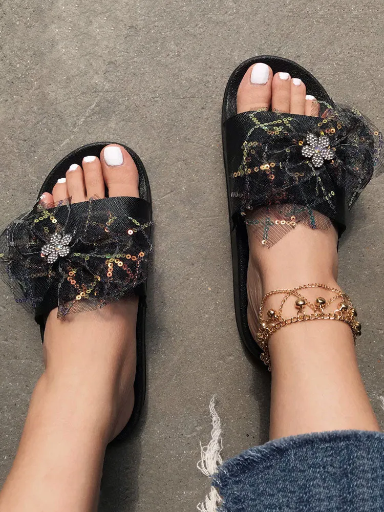 Lace Bow Sequin Flat Slides
