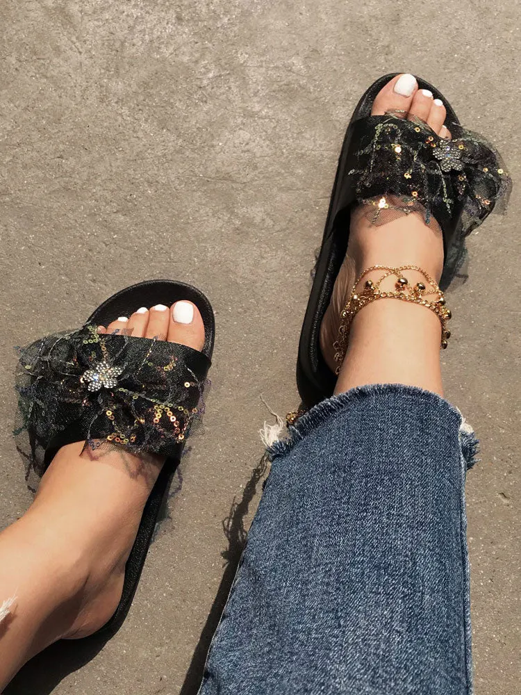 Lace Bow Sequin Flat Slides