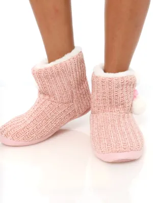 Ladies Chenile Pom Pom Bootie - Light Pink
