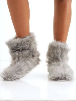 Ladies Long Hair Fur Bootie - Grey