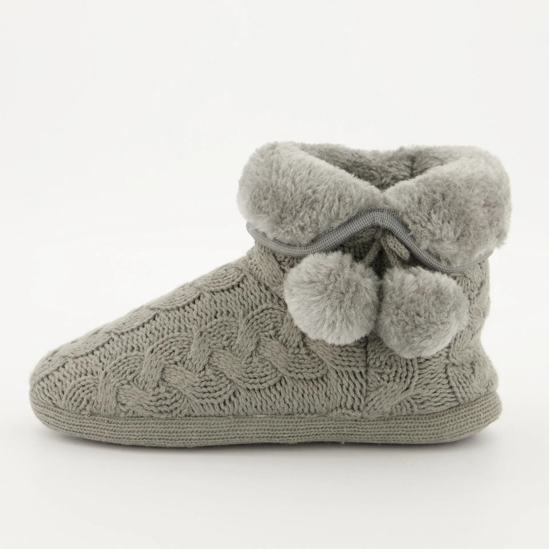 Ladies Pom Pom Knit Bootie Slipper - Grey