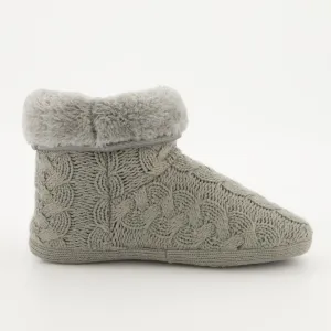 Ladies Pom Pom Knit Bootie Slipper - Grey