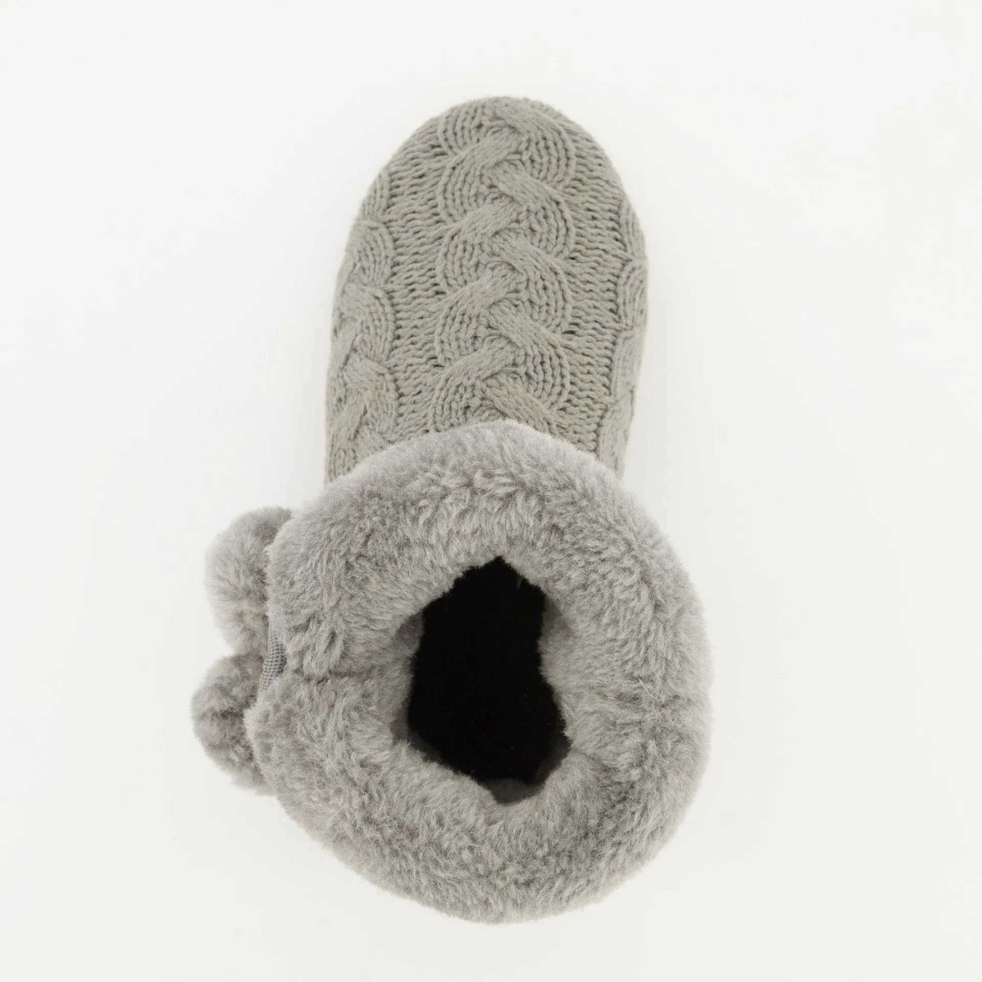 Ladies Pom Pom Knit Bootie Slipper - Grey