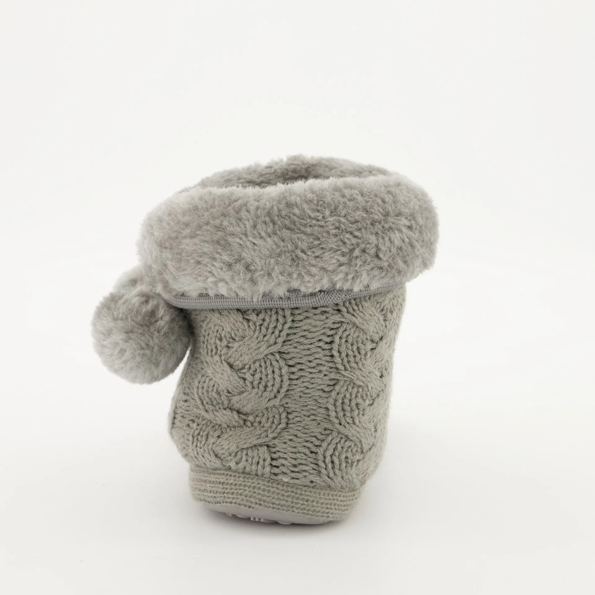 Ladies Pom Pom Knit Bootie Slipper - Grey