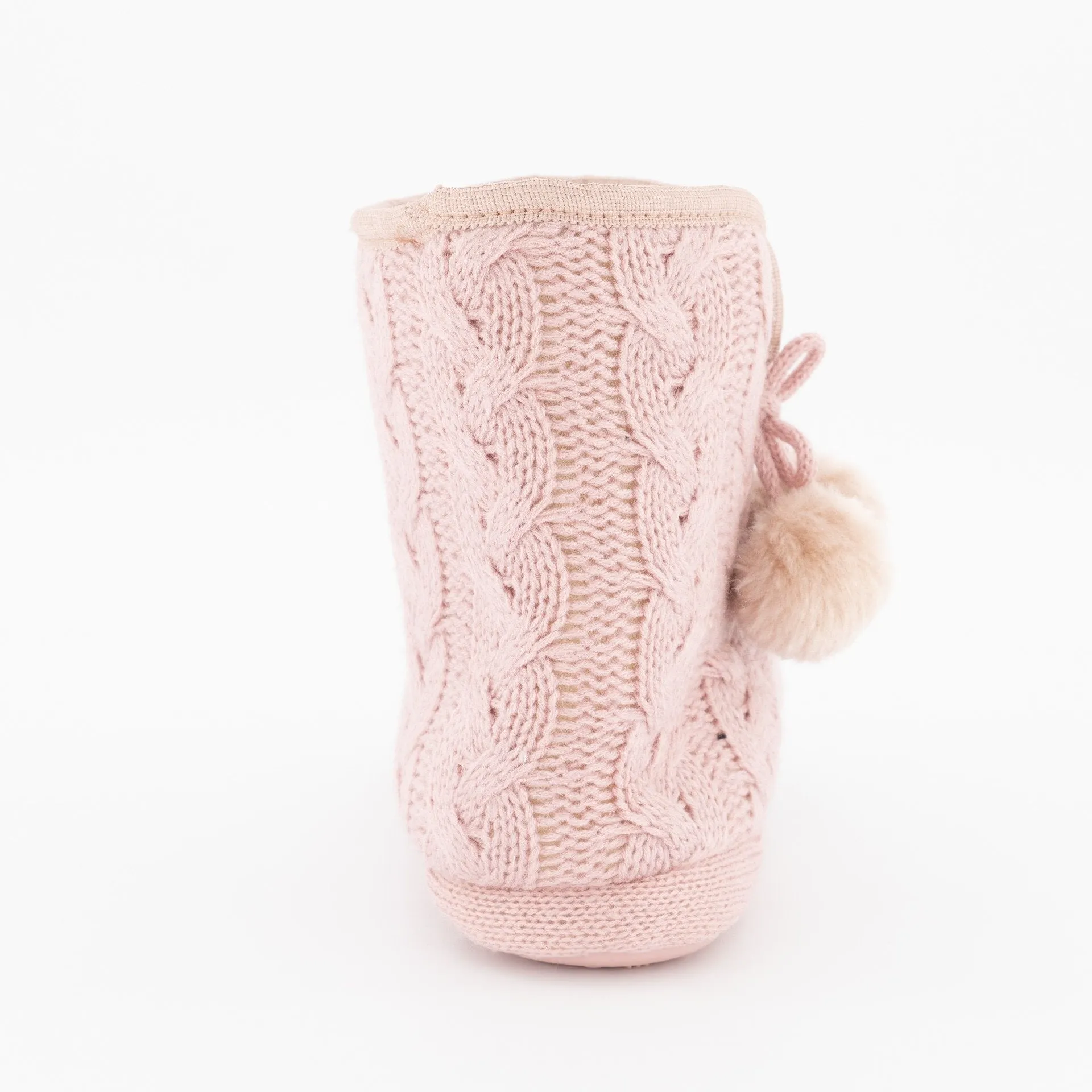Ladies Pom Pom Knit Bootie Slipper - Pink
