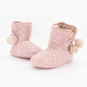 Ladies Pom Pom Knit Bootie Slipper - Pink