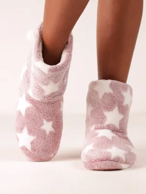 Ladies Star Print Bootie Slipper - Dark Pink