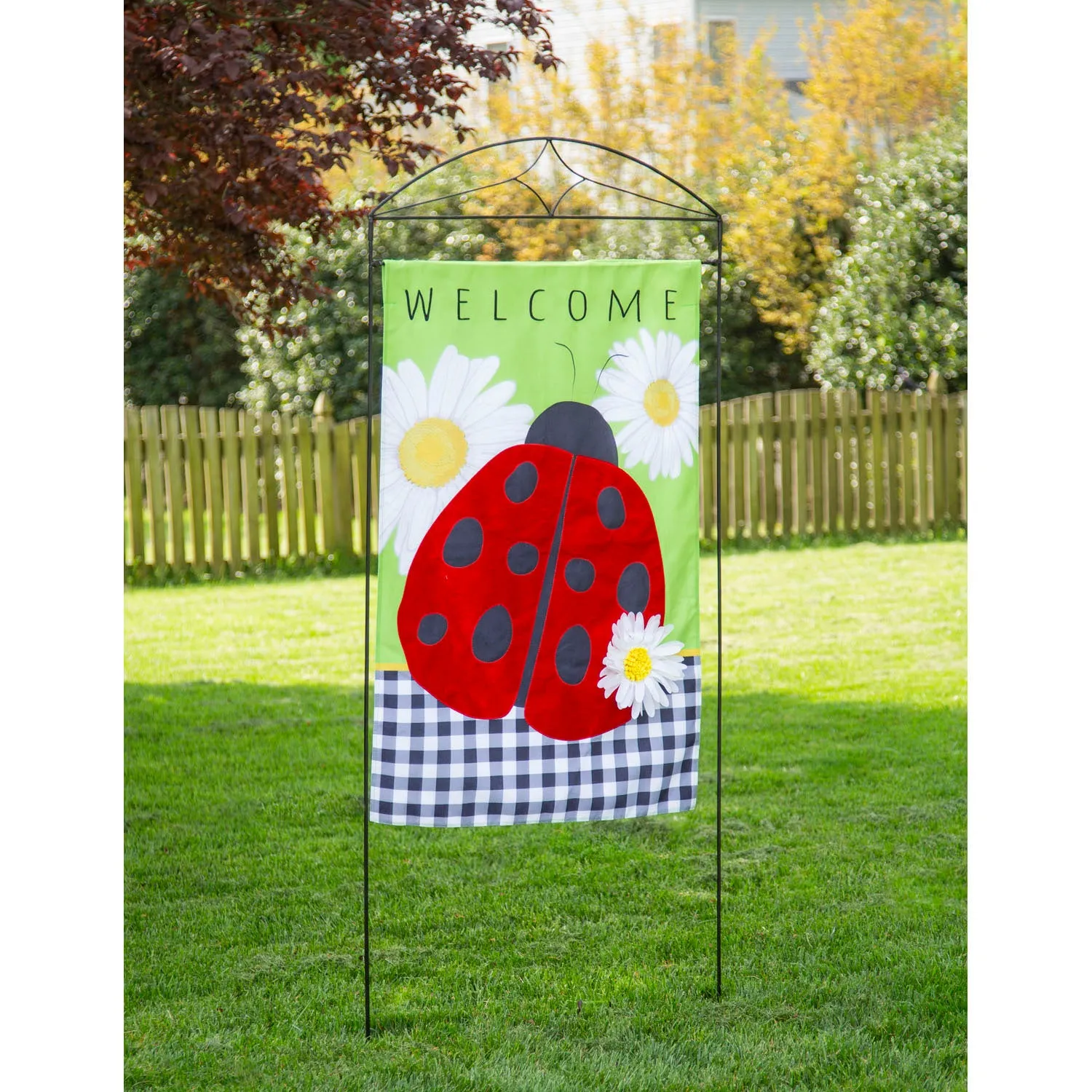 Ladybug with Checks House Burlap Flag,13b10347