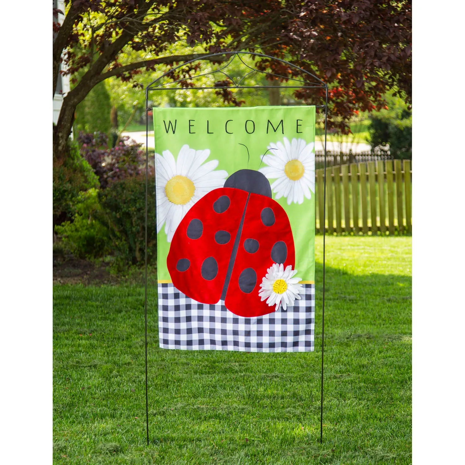Ladybug with Checks House Burlap Flag,13b10347