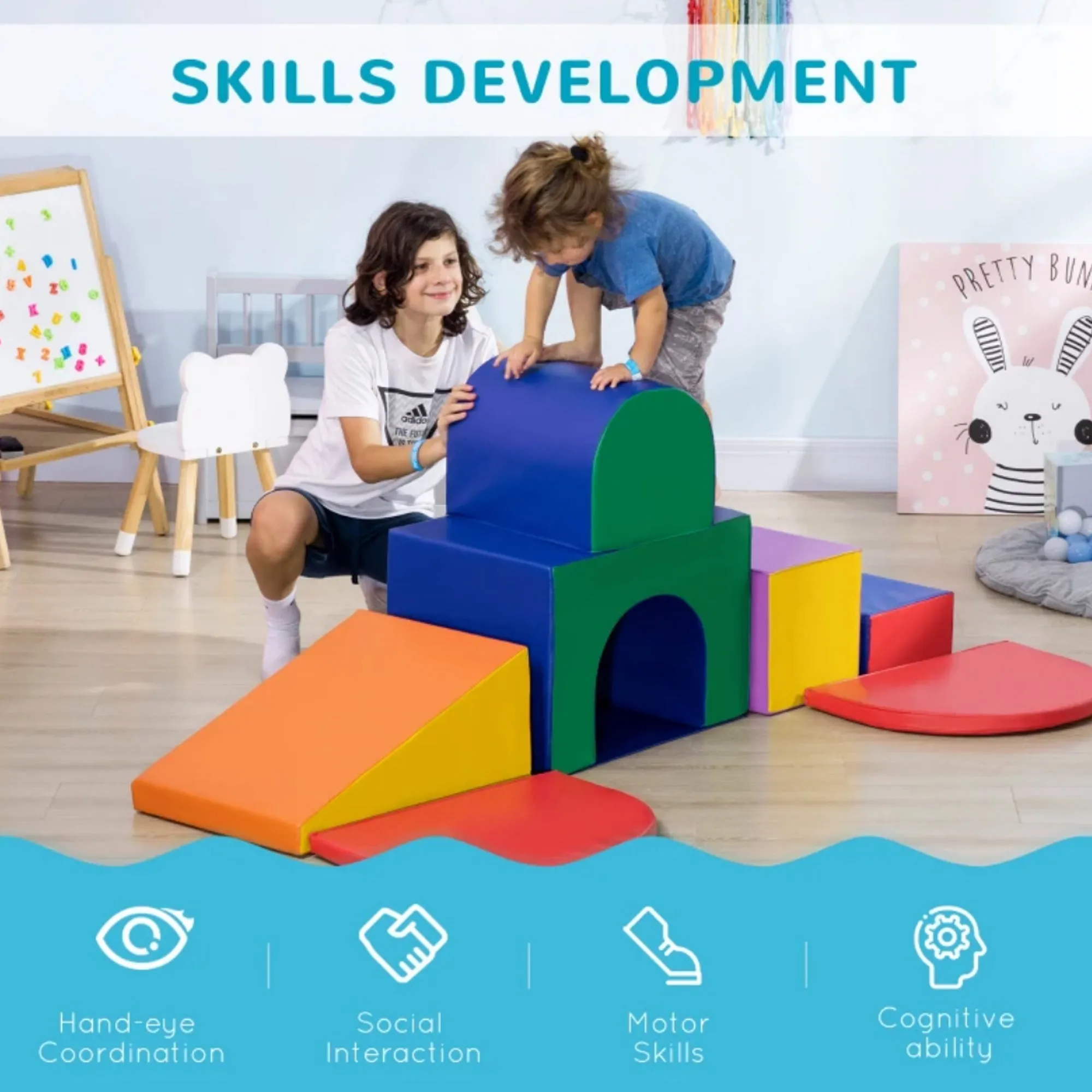Large Indoor Soft Play Equipment | Montessori 7 Piece Foam Play Set with Steps & Tunnel | Primary Colours | 18 months 