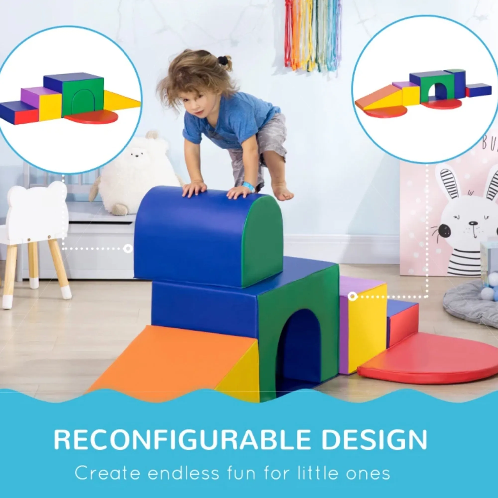 Large Indoor Soft Play Equipment | Montessori 7 Piece Foam Play Set with Steps & Tunnel | Primary Colours | 18 months 