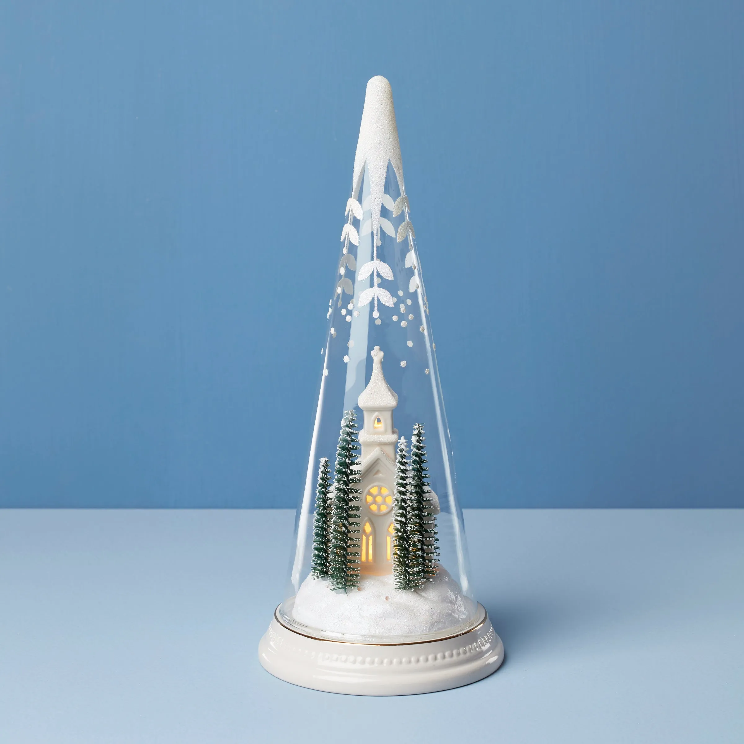 Lit Christmas Cone With Church Scene