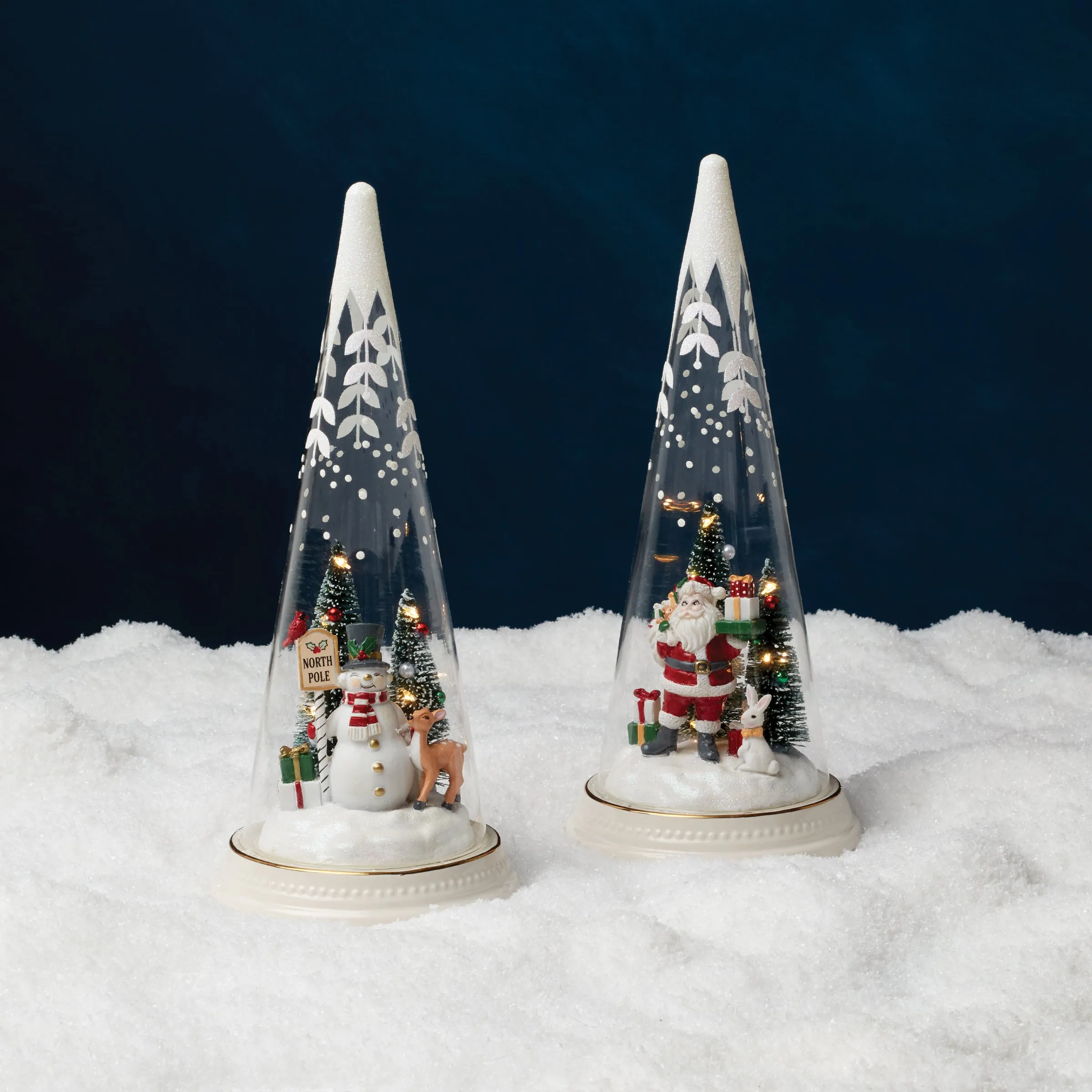 Lit Christmas Cone with North Pole Snowman Scene