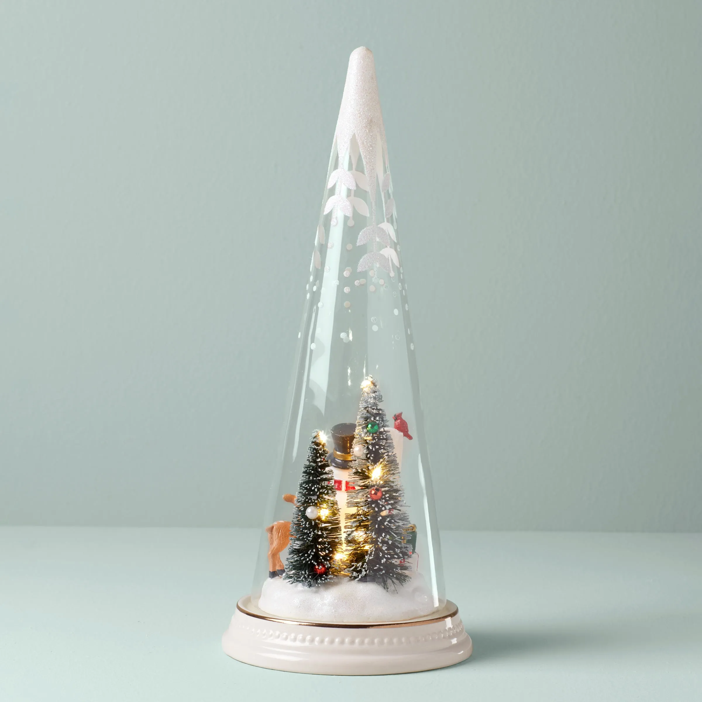Lit Christmas Cone with North Pole Snowman Scene