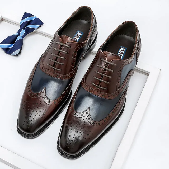Men Genuine Wingtip Leather Oxford Pointed Toe Laces Up