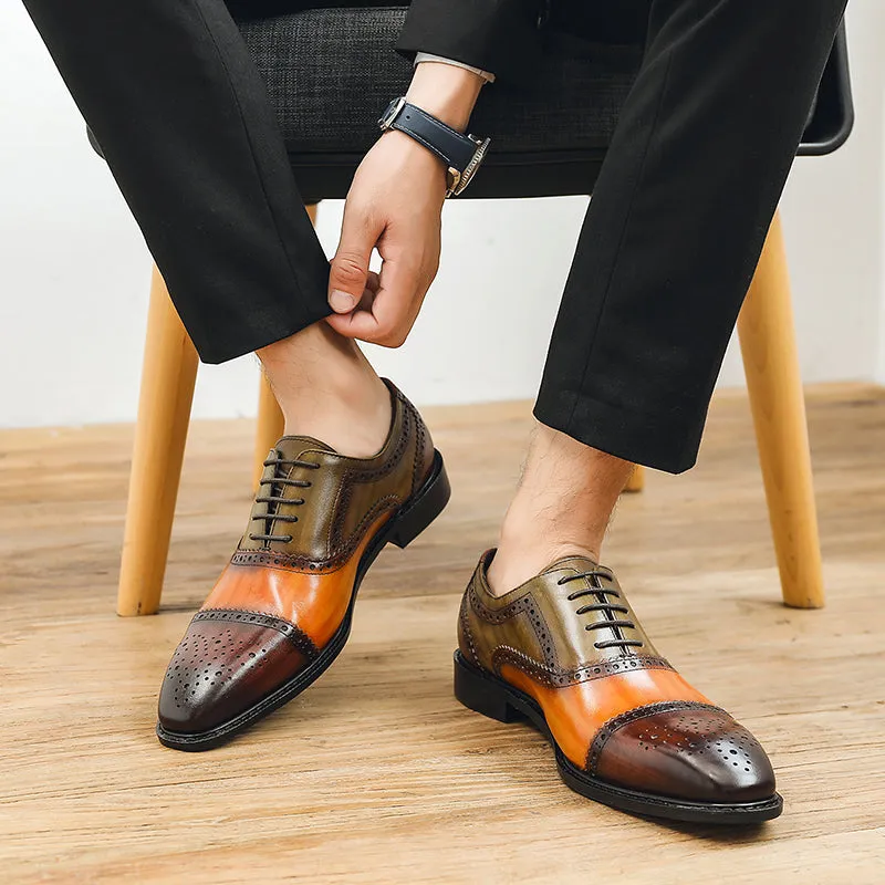 Men Genuine Wingtip Leather Oxford Pointed Toe Laces Up