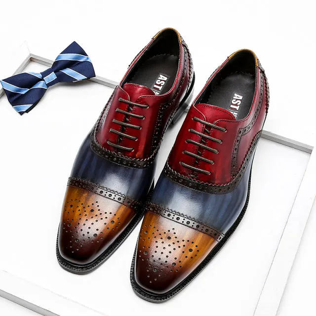 Men Genuine Wingtip Leather Oxford Pointed Toe Laces Up