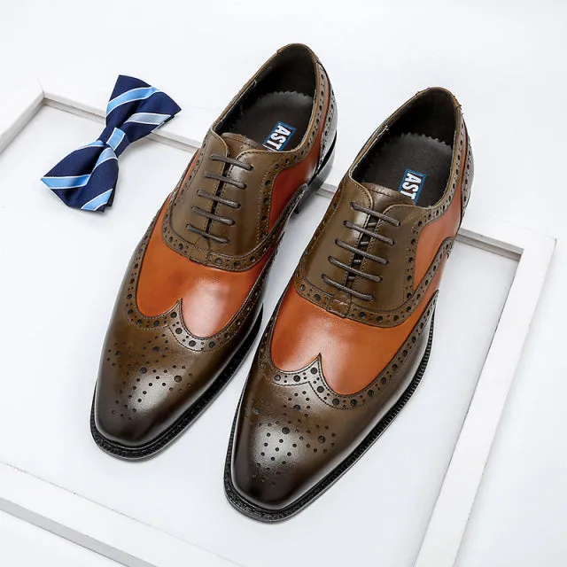 Men Genuine Wingtip Leather Oxford Pointed Toe Laces Up