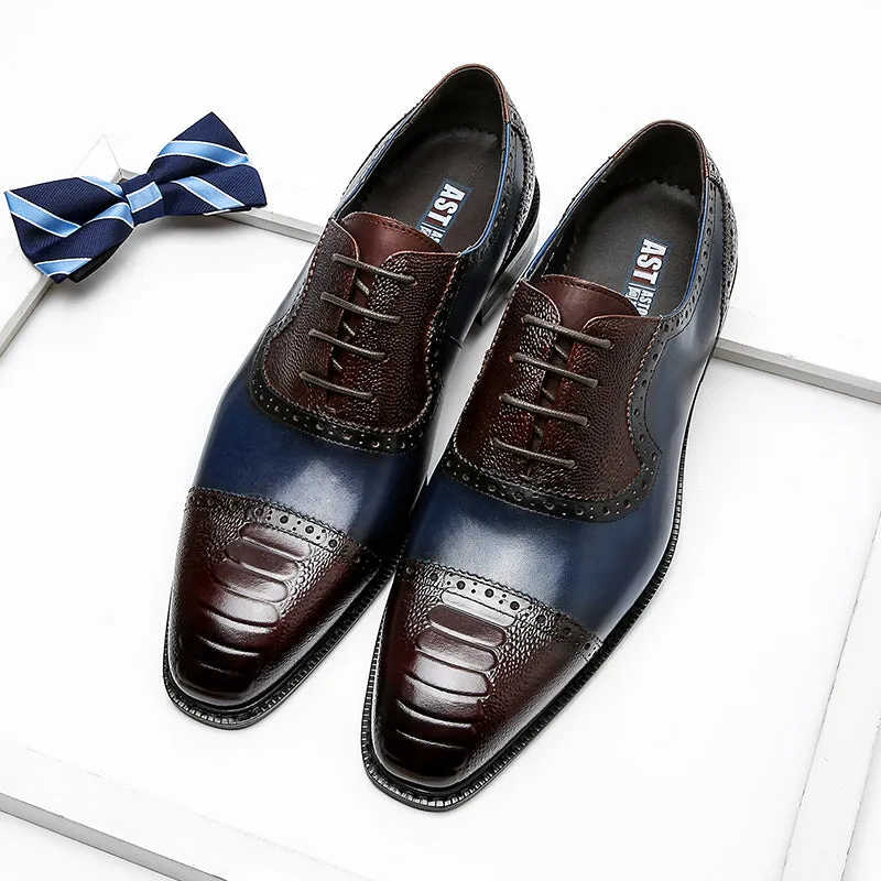 Men Genuine Wingtip Leather Oxford Pointed Toe Laces Up