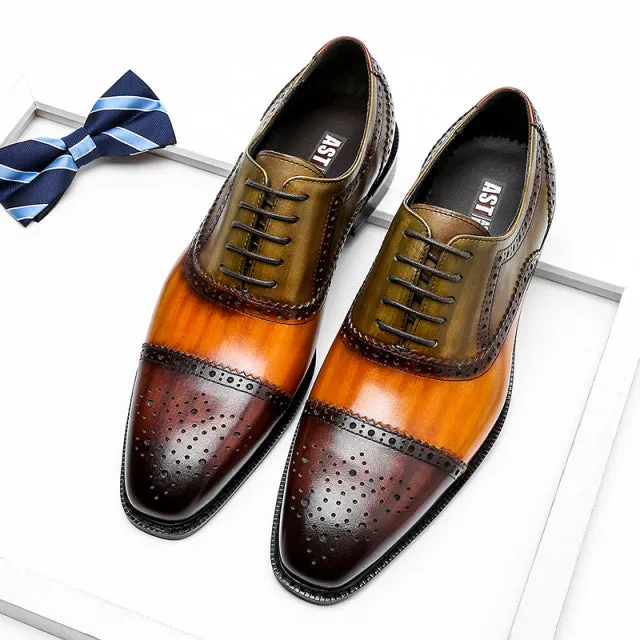 Men Genuine Wingtip Leather Oxford Pointed Toe Laces Up