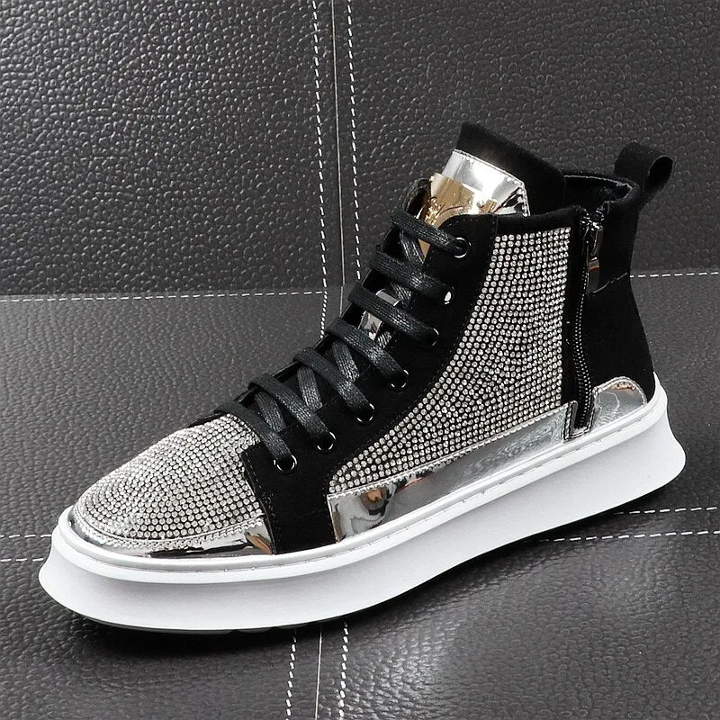 Men High Top Gold Glitter Sneakers Lace Up Crystal Platform Blue Flats Gold Shoes Man krasovki Bling Silver Snickers Shoes