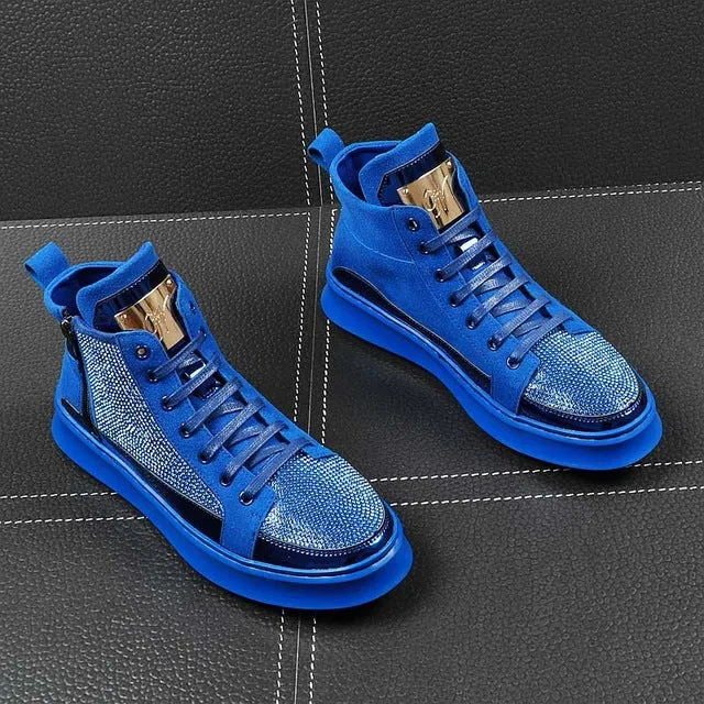 Men High Top Gold Glitter Sneakers Lace Up Crystal Platform Blue Flats Gold Shoes Man krasovki Bling Silver Snickers Shoes