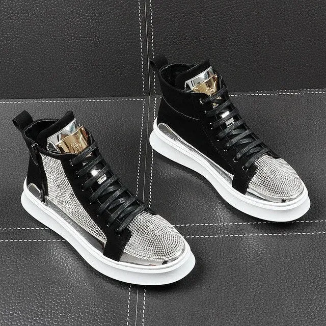 Men High Top Gold Glitter Sneakers Lace Up Crystal Platform Blue Flats Gold Shoes Man krasovki Bling Silver Snickers Shoes