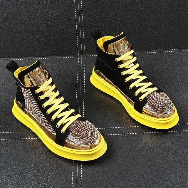 Men High Top Gold Glitter Sneakers Lace Up Crystal Platform Blue Flats Gold Shoes Man krasovki Bling Silver Snickers Shoes