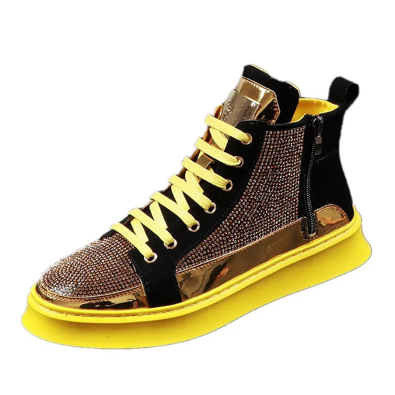 Men High Top Gold Glitter Sneakers Lace Up Crystal Platform Blue Flats Gold Shoes Man krasovki Bling Silver Snickers Shoes