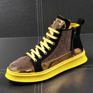 Men High Top Gold Glitter Sneakers Lace Up Crystal Platform Blue Flats Gold Shoes Man krasovki Bling Silver Snickers Shoes