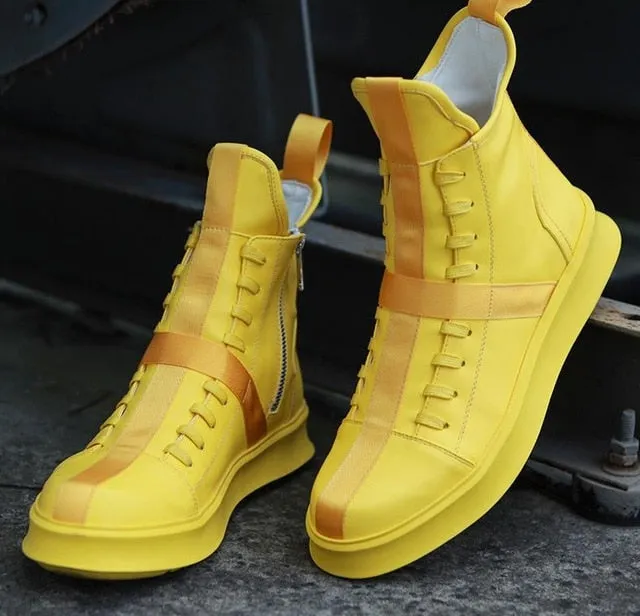 Men Sneakers Hip-hop Street Dance High-top Men's Leather Casual Shoes With Thick Bottom Shoes Star Yellow White Flat Shoes