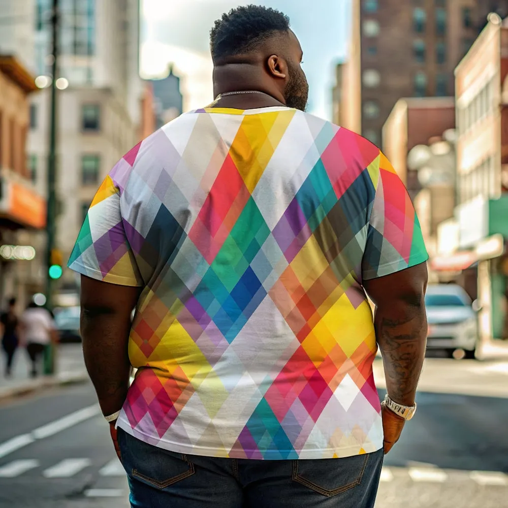 Men's Colorful Geometric Rhombus Crew Neck Casual T-Shirt 2401000041