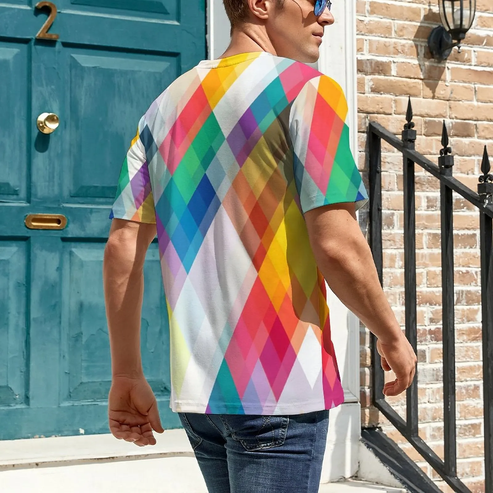 Men's Colorful Geometric Rhombus Crew Neck Casual T-Shirt 2401000041